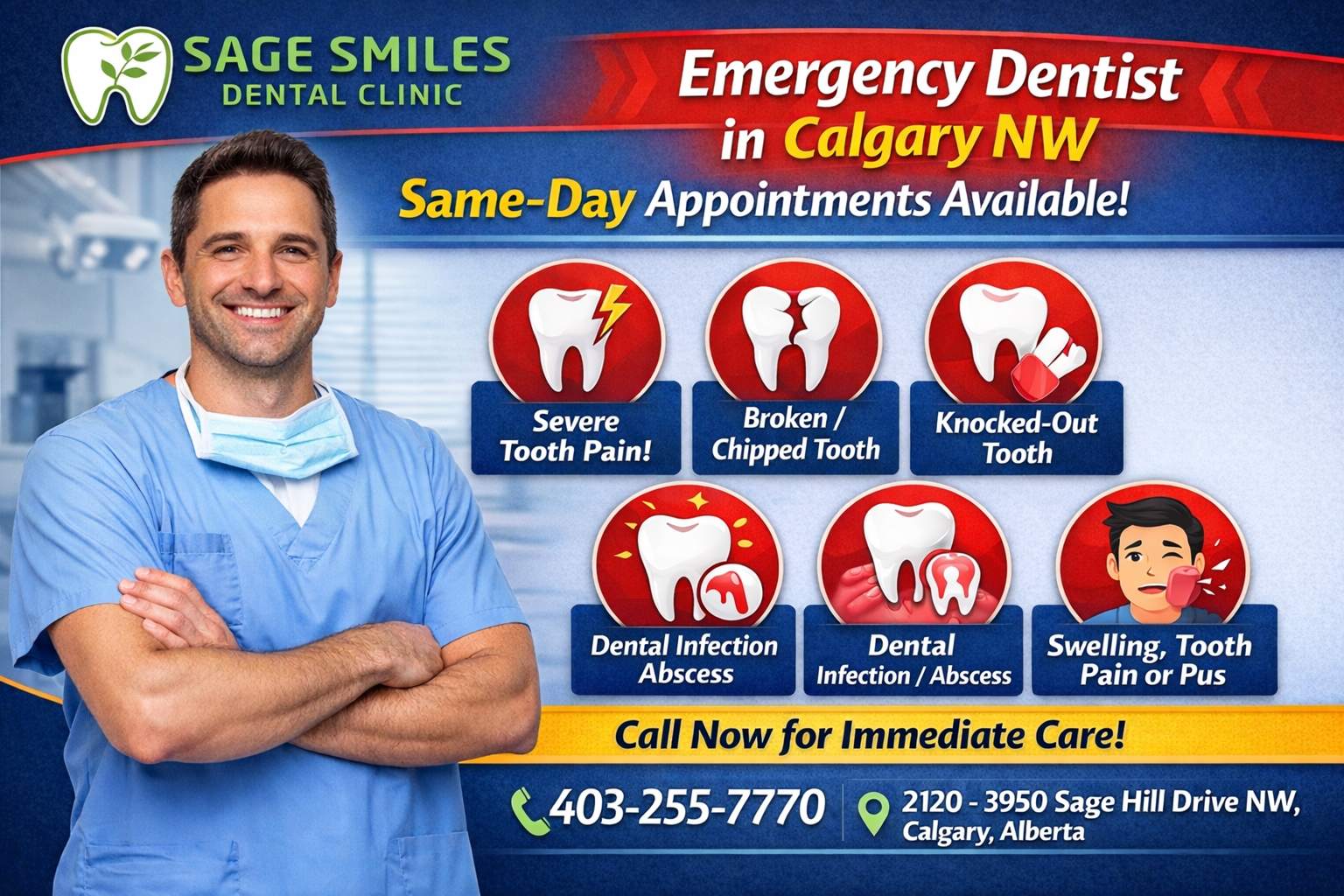 Emergency Dentist in Calgary NW offering same-day dental care for tooth pain, broken or knocked-out teeth