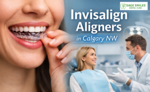 Close-up of a woman smiling and holding a clear Invisalign aligner with a dentist consulting a patient in a modern dental clinic, promoting Invisalign aligners in Calgary NW.